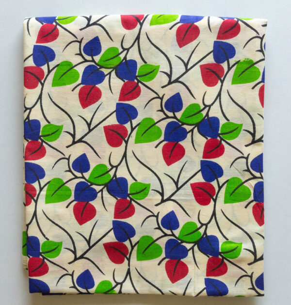 Fabric Blue Red Green Leafy 2 https://chaturango.com/cotton-fabric-online-leaf-pattern-blue-red-green/