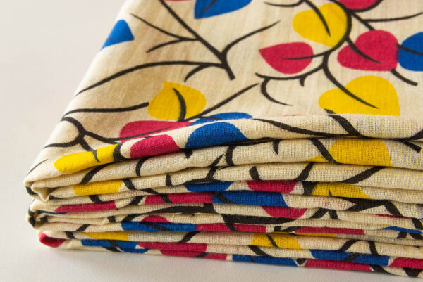 Fabric Blue Red Yellow Leafy 3 https://chaturango.com/cotton-fabric-online-leaf-pattern-blue-red-yellow/
