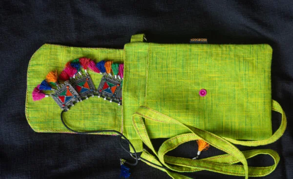 Handbag Sling Zari Border Grass Green 3 https://chaturango.com/zari-bordered-sling-bag-for-women-green/