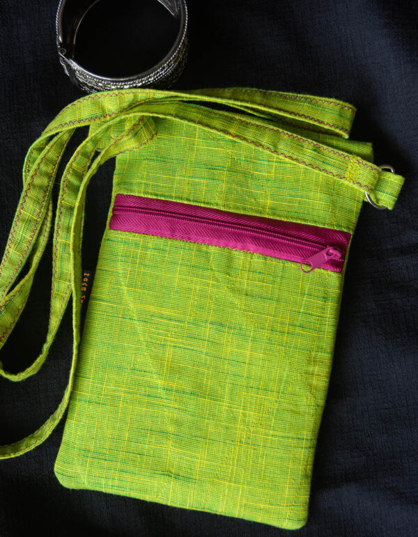 Handbag Sling Zari Border Grass Green 5 https://chaturango.com/zari-bordered-sling-bag-for-women-green/