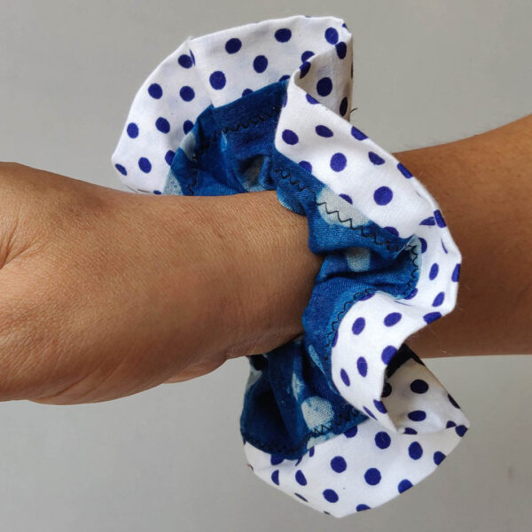 Scrunchie Blue Polka 2 https://chaturango.com/handmade-scrunchies-blue-polka-printed/