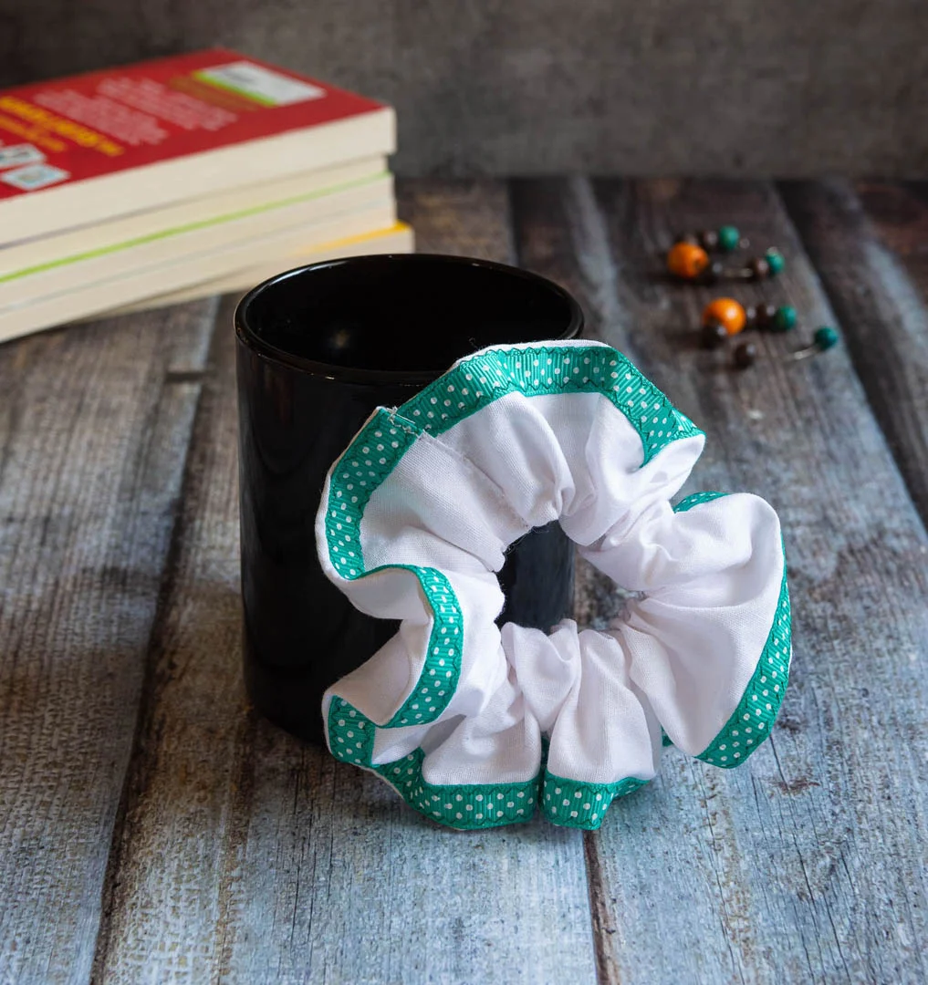 Handmade Green Bordered Scrunchie - Image 3